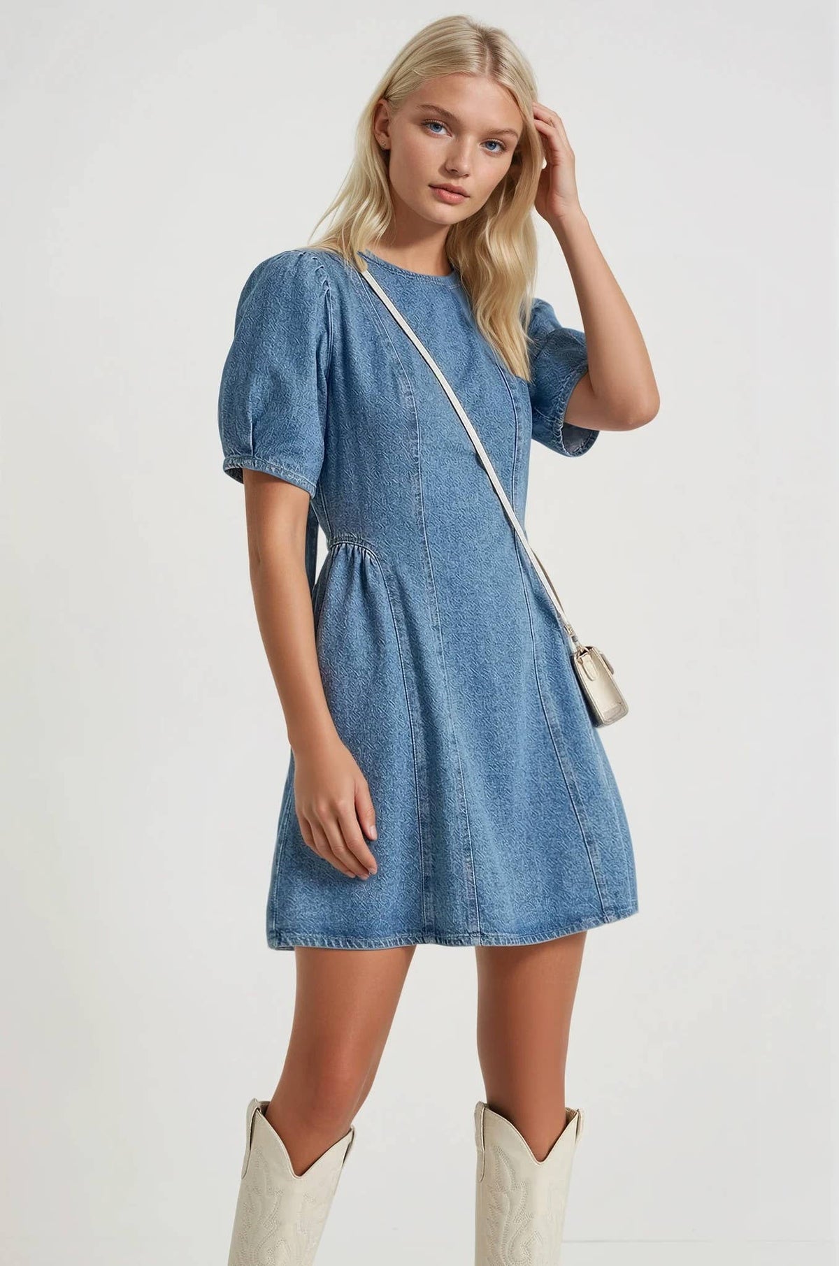 Rigidity Anne Denim A-Line Mini Dress Tie Detail