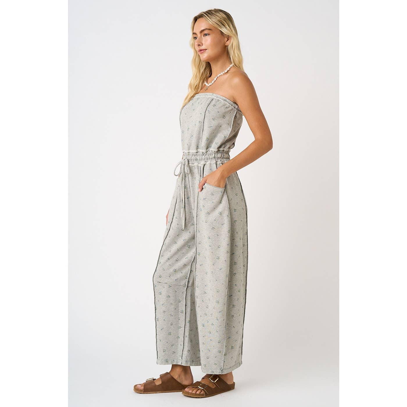 Floral Mineral Wash Contrast Stitch Barrel Leg Jumpsuit
